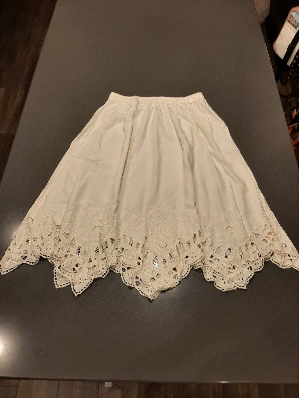 Vintage Bali Emerald White Embroidered Cutwork Rayon Midi Skirt OS Cottagcore